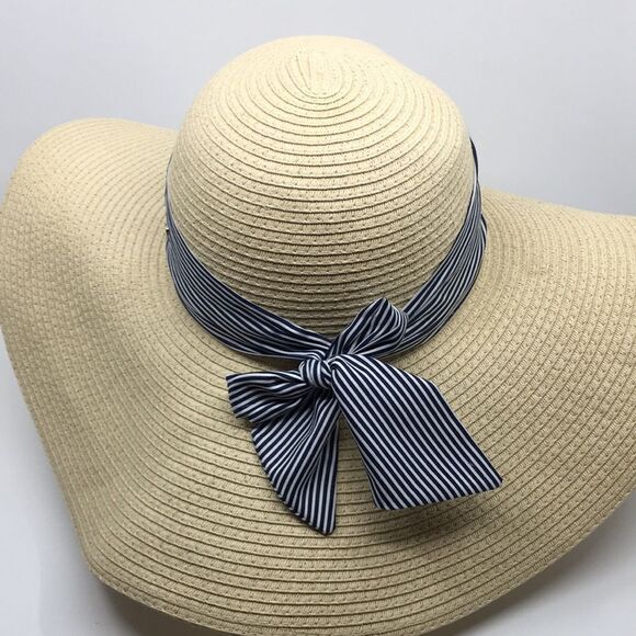 Jones New York floppy straw sun hat with blue and white twilly ribbon OSFA - Picture 3 of 14